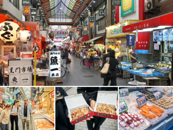 Lively scene at Kuromon Ichiba Market with vendors and customers interacting, colorful food displays Lively scene at Kuromon Ichiba Market with vendors and customers interacting, colorful food displays