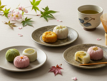 Artistic seasonal Japanese sweets (wagashi) arranged on traditional ceramic plates with tea ceremony elements Artistic seasonal Japanese sweets (wagashi) arranged on traditional ceramic plates with tea ceremony elements