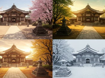 Same temple courtyard in different seasons showing seasonal contrast. Same temple courtyard in different seasons showing seasonal contrast.