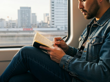 A person journaling on the train back to Osaka A person journaling on the train back to Osaka