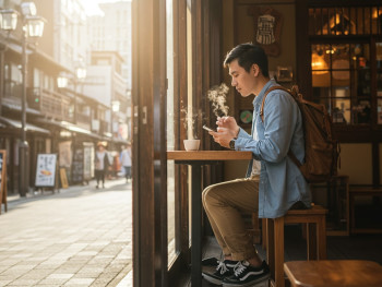 Traveler checking phone while sipping coffee Traveler checking phone while sipping coffee