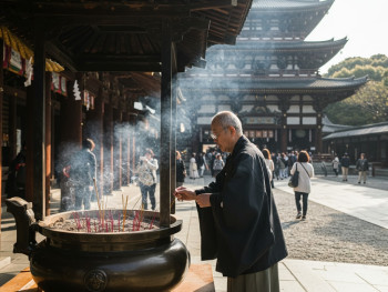 Elderly man lighting incense at Shitennō-ji Elderly man lighting incense at Shitennō-ji