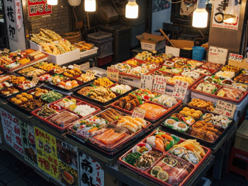 Bento stalls with colorful selections Bento stalls with colorful selections
