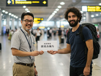 Friendly host meeting traveler at Kansai airport arrival gate. Friendly host meeting traveler at Kansai airport arrival gate.