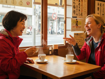 Local host and traveler laughing together over coffee in neighborhood cafe Local host and traveler laughing together over coffee in neighborhood cafe