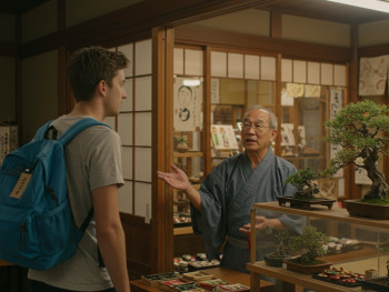 Traveler and host browsing authentic local shop without pressure