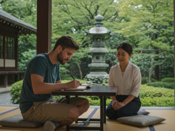 Traveler writing in journal at peaceful temple with host nearby. Traveler writing in journal at peaceful temple with host nearby.
