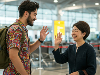 Traveler waving goodbye to host at Kansai airport departures with genuine smiles Traveler waving goodbye to host at Kansai airport departures with genuine smiles