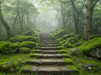 Ancient stone steps winding upward through a misty forest with moss-covered rocks Ancient stone steps winding upward through a misty forest with moss-covered rocks