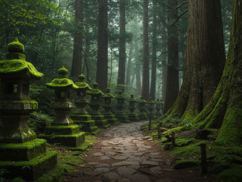 Moss-covered stone lanterns lining a forest path with massive ancient trees towering overhead Moss-covered stone lanterns lining a forest path with massive ancient trees towering overhead
