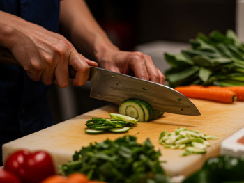 Vendor chopping vegetables with traditional knife skills Vendor chopping vegetables with traditional knife skills