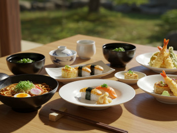Colorful array of Japanese dishes on a wooden table Colorful array of Japanese dishes on a wooden table