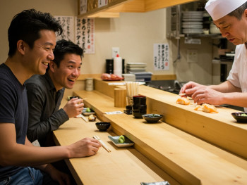 Customer at sushi counter observing chef's preparation techniques and engaging in conversation Customer at sushi counter observing chef's preparation techniques and engaging in conversation