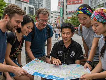 A diverse group of travelers consulting with their enthusiastic local host while looking at a city map. A diverse group of travelers consulting with their enthusiastic local host while looking at a city map.