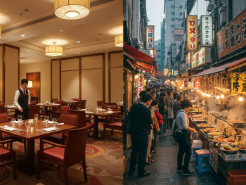 Comparison shot showing elegant hotel dining room versus bustling street food scene Comparison shot showing elegant hotel dining room versus bustling street food scene