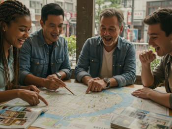 Planning scene with map, guidebook, and excited travelers Planning scene with map, guidebook, and excited travelers