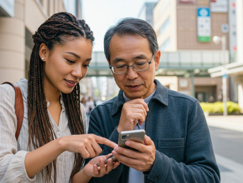 Host and guest choosing their route together while looking at options on a smartphone near Umeda Station Host and guest choosing their route together while looking at options on a smartphone near Umeda Station