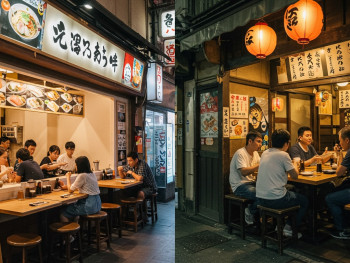 Comparison showing a tourist restaurant and an authentic local eatery. Comparison showing a tourist restaurant and an authentic local eatery.