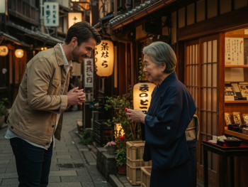 Guest respectfully bowing to elderly shop owner in traditional neighborhood Guest respectfully bowing to elderly shop owner in traditional neighborhood