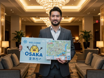 Host waiting at hotel lobby with welcome sign and local map Host waiting at hotel lobby with welcome sign and local map