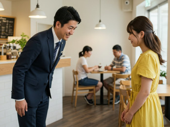 Host demonstrating proper bowing etiquette to guest in café Host demonstrating proper bowing etiquette to guest in café