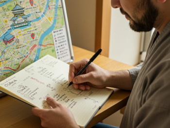 Host writing down recommendations and drawing simple map for guest Host writing down recommendations and drawing simple map for guest