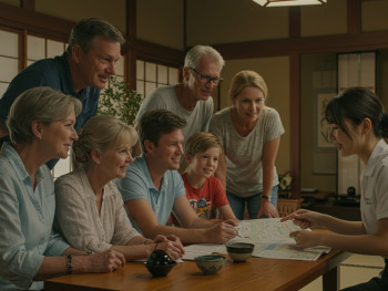 Multi-generational family group planning their day with host Multi-generational family group planning their day with host