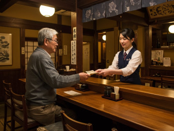 Cash transaction at traditional restaurant with friendly interaction between customer and staff. Cash transaction at traditional restaurant with friendly interaction between customer and staff.