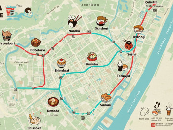 Detailed Osaka map showing the loop line with food districts highlighted in different colors Detailed Osaka map showing the loop line with food districts highlighted in different colors