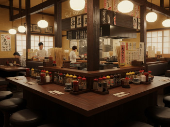 Daruma restaurant interior with communal sauce. Daruma restaurant interior with communal sauce.