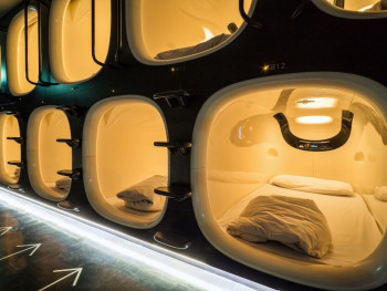 Capsule hotel hallway. Capsule hotel hallway.