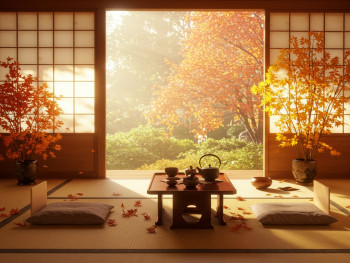 A traditional tea ceremony setup on tatami mats with autumn leaves arranged as decoration and golden afternoon light streaming through windows A traditional tea ceremony setup on tatami mats with autumn leaves arranged as decoration and golden afternoon light streaming through windows