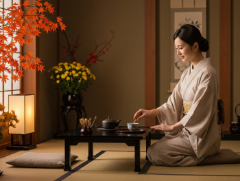Traditional tea preparation with autumn decorations in a Japanese home setting. Traditional tea preparation with autumn decorations in a Japanese home setting.