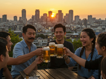 Groups toasting with beer mugs at outdoor tables Groups toasting with beer mugs at outdoor tables
