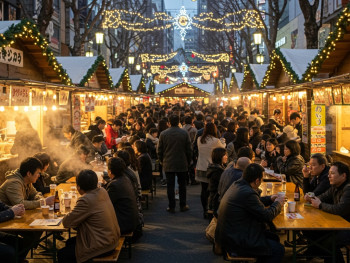 Locals and visitors sharing tables at a christmas market, with steam rising from hot drinks and food. Locals and visitors sharing tables at a christmas market, with steam rising from hot drinks and food.