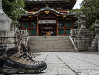 Well-worn hiking boots at temple entrance Well-worn hiking boots at temple entrance