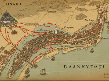 Historic map showing ancient trade routes between Osaka and Kyoto with cultural exchange arrows Historic map showing ancient trade routes between Osaka and Kyoto with cultural exchange arrows