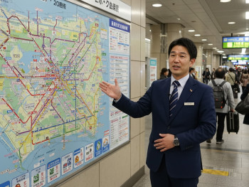 A host explaining train connections at a station map A host explaining train connections at a station map