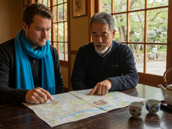 Traveler and local host discuss tour plans over a map in a quiet Kyoto café, preparing for a personalized day out. Traveler and local host discuss tour plans over a map in a quiet Kyoto café, preparing for a personalized day out.