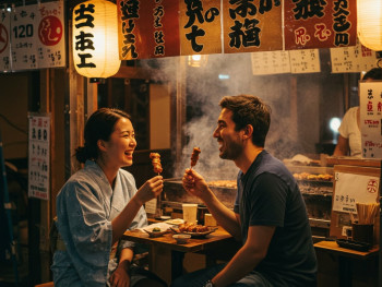 Two people enjoy yakitori skewers together at a cozy, lantern-lit food stall in Kyoto, capturing a local dining moment. Two people enjoy yakitori skewers together at a cozy, lantern-lit food stall in Kyoto, capturing a local dining moment.