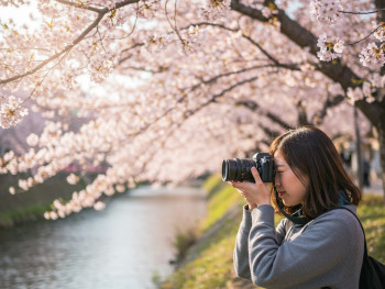 A photographer capturing cherry blossoms at dawn with respectful distance from the trees. A photographer capturing cherry blossoms at dawn with respectful distance from the trees.
