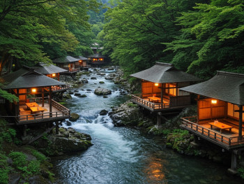Traditional riverside dining platforms built directly over the rushing Kibune River with mountain forest backdrop. Traditional riverside dining platforms built directly over the rushing Kibune River with mountain forest backdrop.