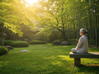 Peaceful morning meditation scene in temple garden before summer heat intensifies. Peaceful morning meditation scene in temple garden before summer heat intensifies.