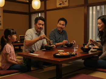 A family enjoying meal at traditional restaurant with tatami seating A family enjoying meal at traditional restaurant with tatami seating