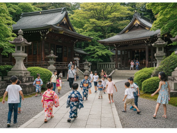 Mixed groups of local and visiting children playing together in temple grounds Mixed groups of local and visiting children playing together in temple grounds