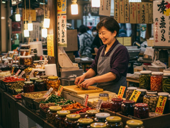 Local vendor preparing pickles in Nishiki Local vendor preparing pickles in Nishiki