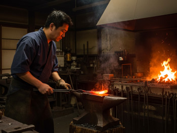 Participant heating and shaping metal using traditional blacksmithing techniques. Participant heating and shaping metal using traditional blacksmithing techniques.
