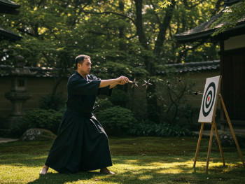 Instructor demonstrating proper shuriken throwing technique and target practice. Instructor demonstrating proper shuriken throwing technique and target practice.