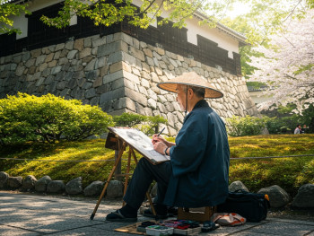 An elderly local drawing caricatures outside Nijo Castle. An elderly local drawing caricatures outside Nijo Castle.