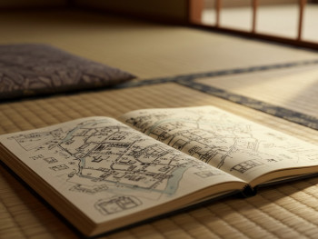 Map sketch or notebook open on a tatami mat Map sketch or notebook open on a tatami mat